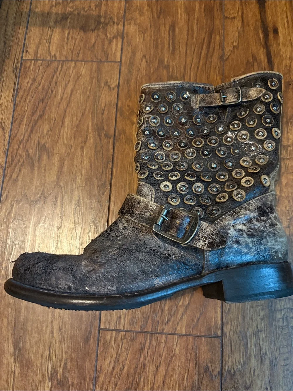 VINTAGE FRYE Jenna Disc Studded Moto Boots Distressed Brown Leather 9.5 B
